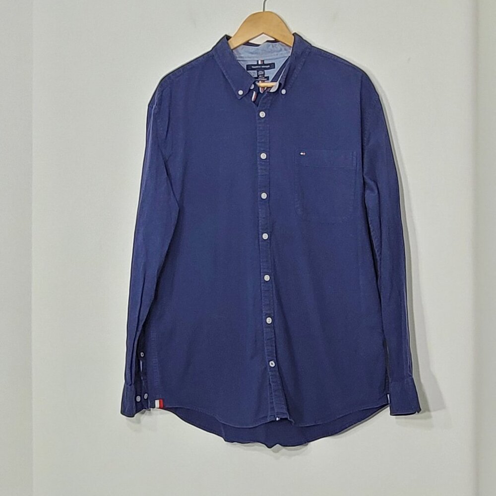 Tommy Hilfiger Men's Navy Blue Cotton Blend Slim Fit Button Down Shirt Plus XXL